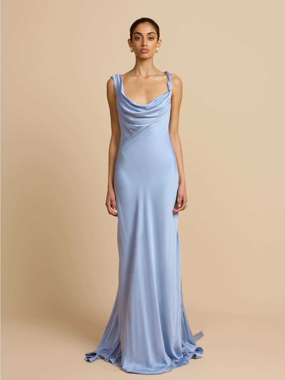 ARCINA ORI DARCY DRESS 
Satin Cowl Neck Light Blue Evening Gown